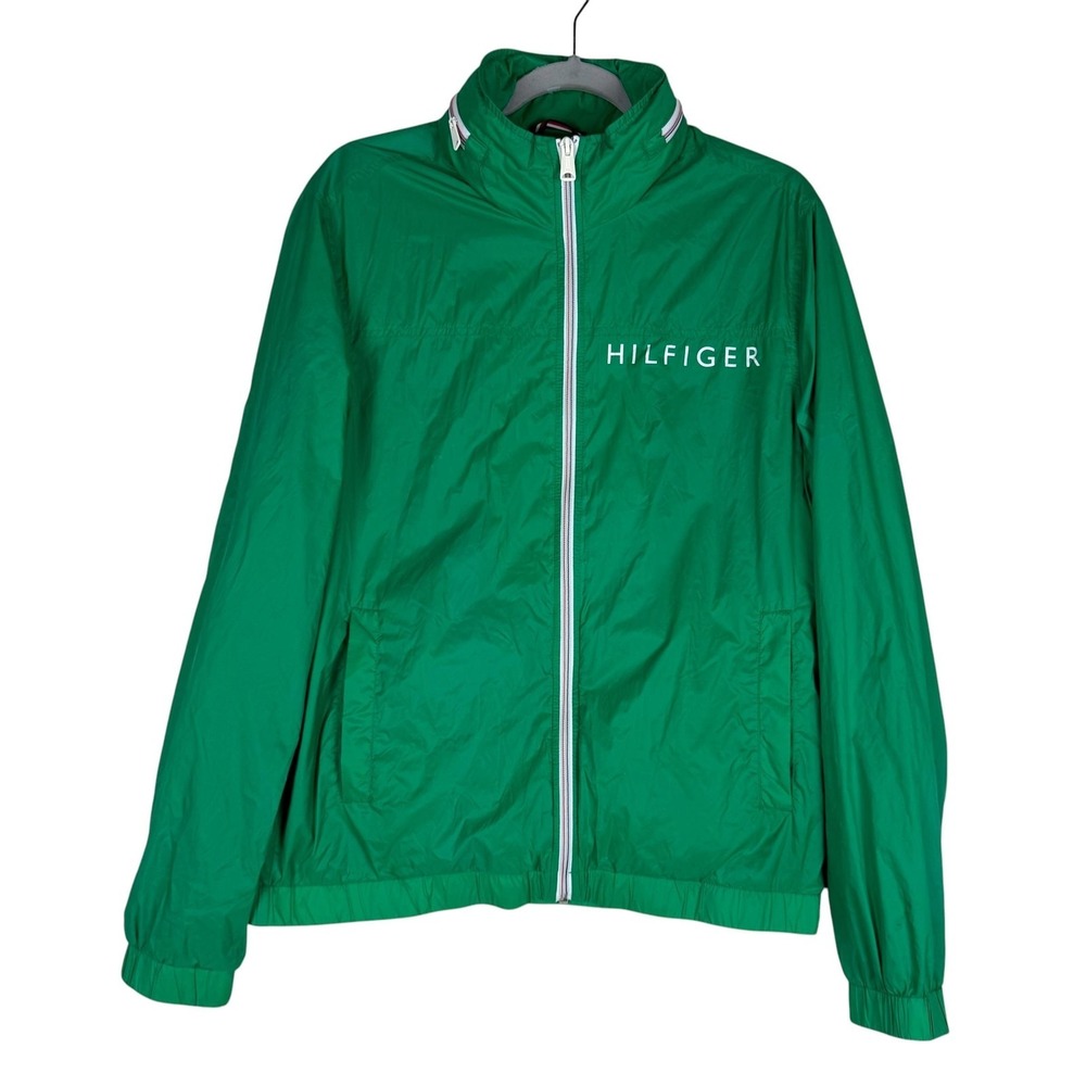 Tommy Hilfiger Jacket Mens Small Green Nylon Hooded Windbreaker Full Zip Logo‎